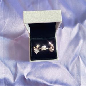 silver PANDORA square halo ring & dangle earrings